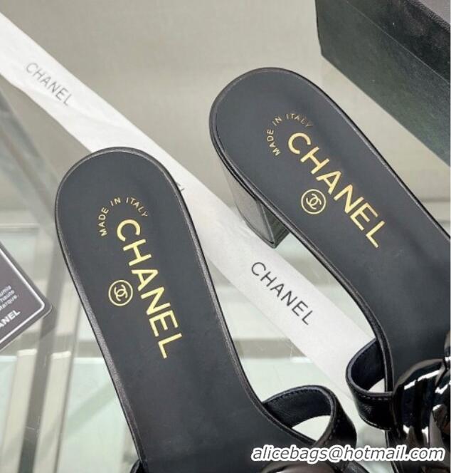 Grade Chanel Camellia Lambskin Heel Slide Sandals 5.5cm Black 619124