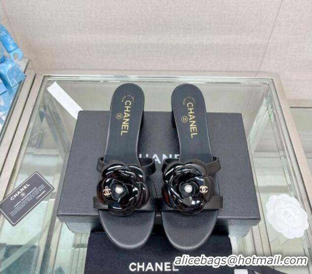 Grade Chanel Camellia Lambskin Heel Slide Sandals 5.5cm Black 619124