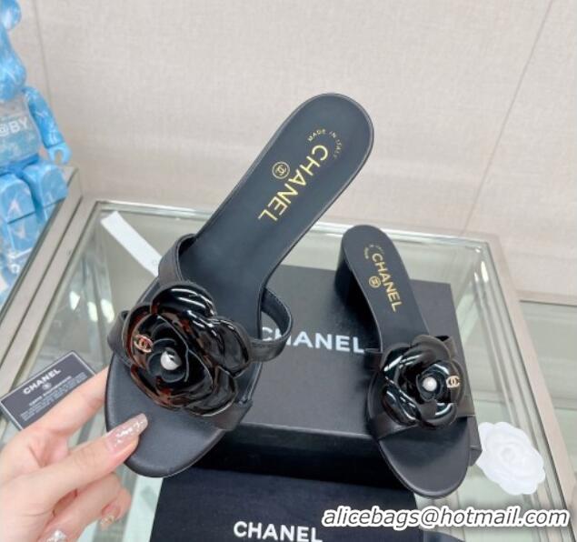 Grade Chanel Camellia Lambskin Heel Slide Sandals 5.5cm Black 619124