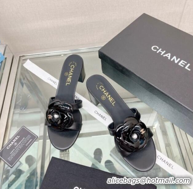 Grade Chanel Camellia Lambskin Heel Slide Sandals 5.5cm Black 619124