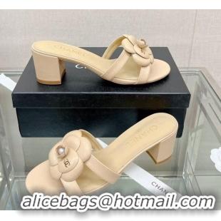 Good Product Chanel Camellia Lambskin Heel Slide Sandals 5.5cm Beige 619125