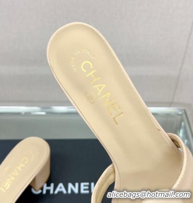 Good Product Chanel Camellia Lambskin Heel Slide Sandals 5.5cm Beige 619125