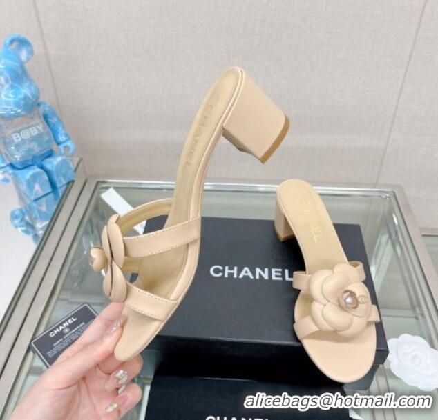 Good Product Chanel Camellia Lambskin Heel Slide Sandals 5.5cm Beige 619125