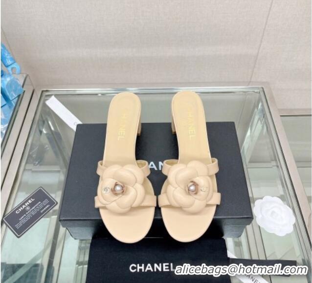 Good Product Chanel Camellia Lambskin Heel Slide Sandals 5.5cm Beige 619125