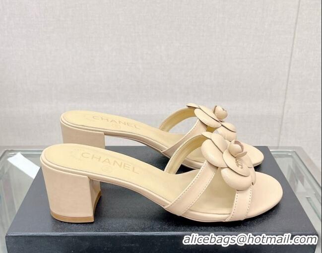 Good Product Chanel Camellia Lambskin Heel Slide Sandals 5.5cm Beige 619125