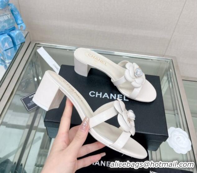 Sophisticated Chanel Camellia Lambskin Heel Slide Sandals 5.5cm White 619126