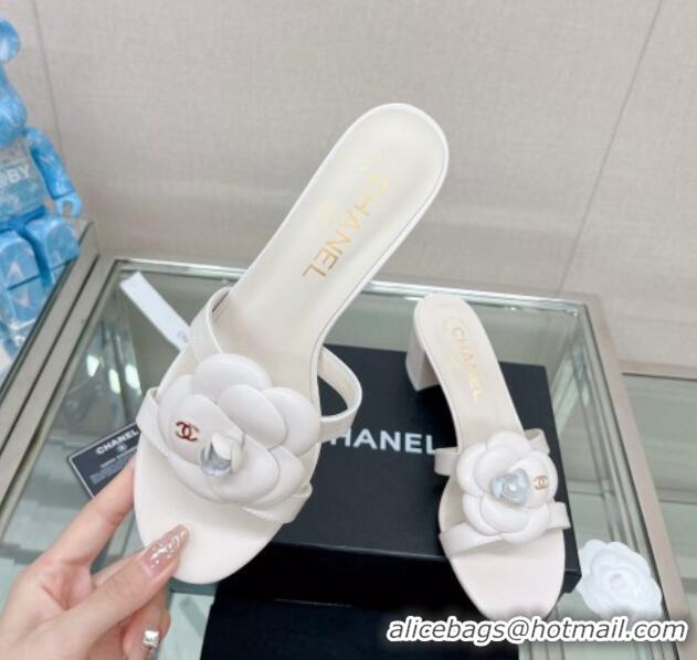 Sophisticated Chanel Camellia Lambskin Heel Slide Sandals 5.5cm White 619126