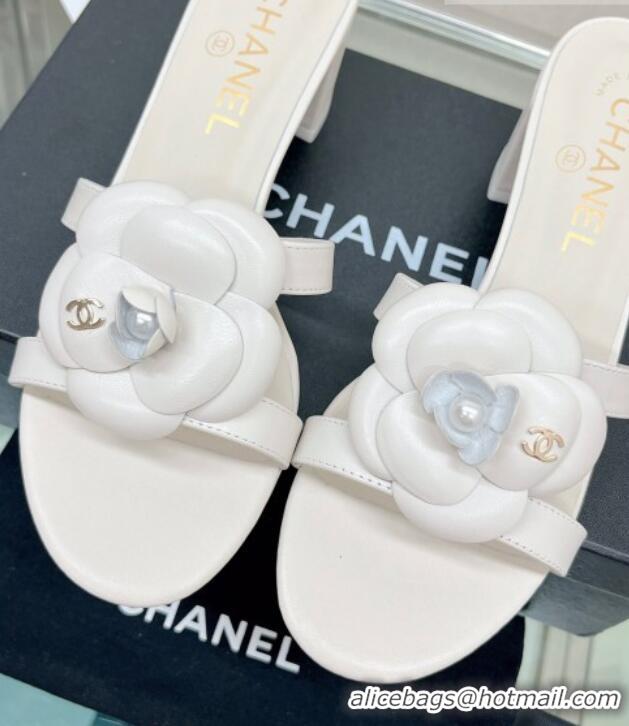 Sophisticated Chanel Camellia Lambskin Heel Slide Sandals 5.5cm White 619126