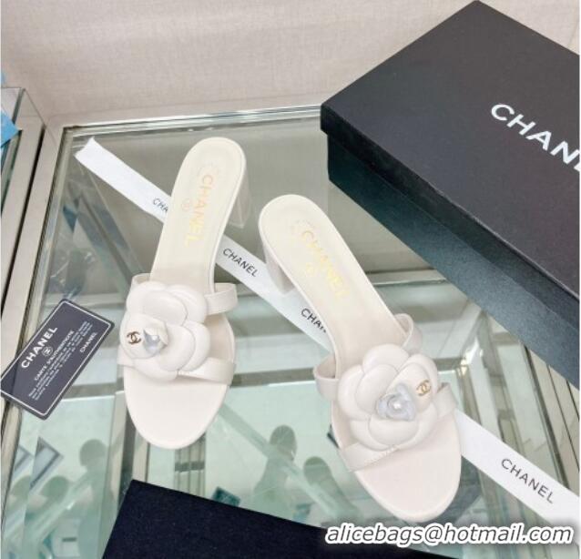 Sophisticated Chanel Camellia Lambskin Heel Slide Sandals 5.5cm White 619126