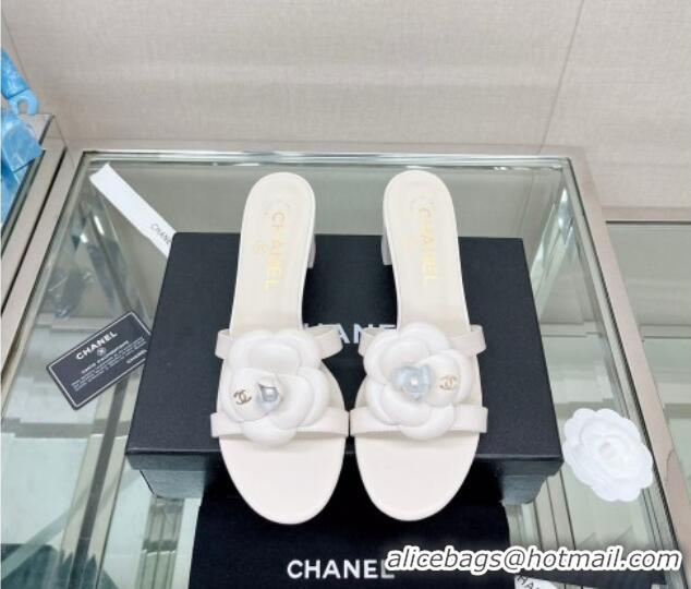 Sophisticated Chanel Camellia Lambskin Heel Slide Sandals 5.5cm White 619126