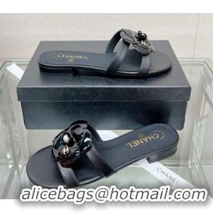 Popular Style Chanel Camellia Lambskin Flat Slide Sandals Black 619127