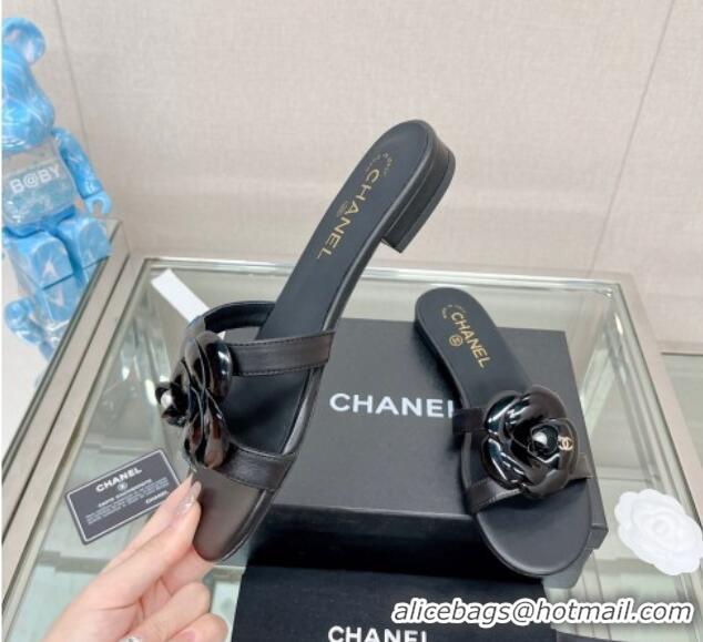 Popular Style Chanel Camellia Lambskin Flat Slide Sandals Black 619127