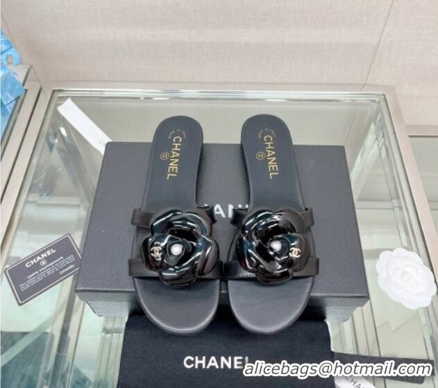 Popular Style Chanel Camellia Lambskin Flat Slide Sandals Black 619127