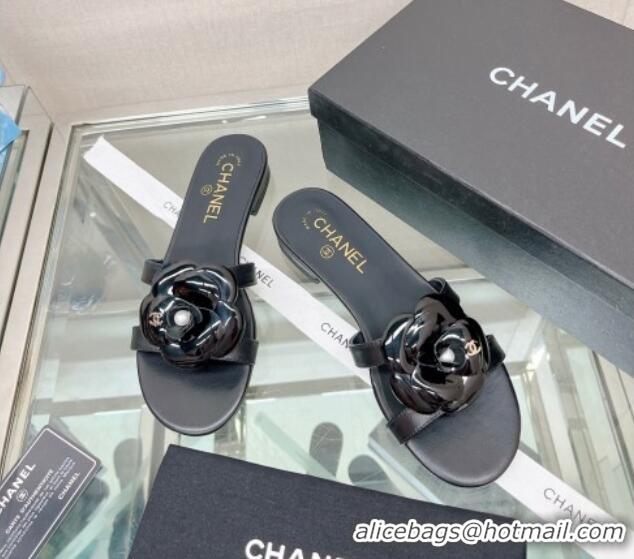 Popular Style Chanel Camellia Lambskin Flat Slide Sandals Black 619127