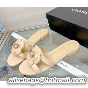 Top Design Chanel Camellia Lambskin Flat Slide Sandals Beige 619128