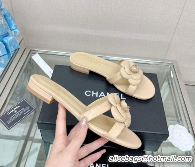 Top Design Chanel Camellia Lambskin Flat Slide Sandals Beige 619128