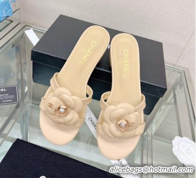 Top Design Chanel Camellia Lambskin Flat Slide Sandals Beige 619128