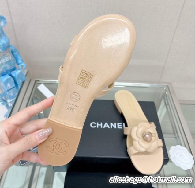 Top Design Chanel Camellia Lambskin Flat Slide Sandals Beige 619128