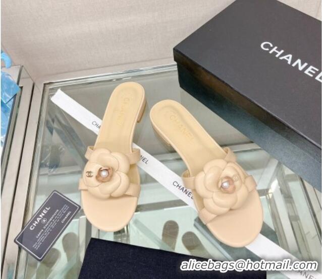 Top Design Chanel Camellia Lambskin Flat Slide Sandals Beige 619128