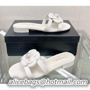 Purchase Chanel Camellia Lambskin Flat Slide Sandals White 619129