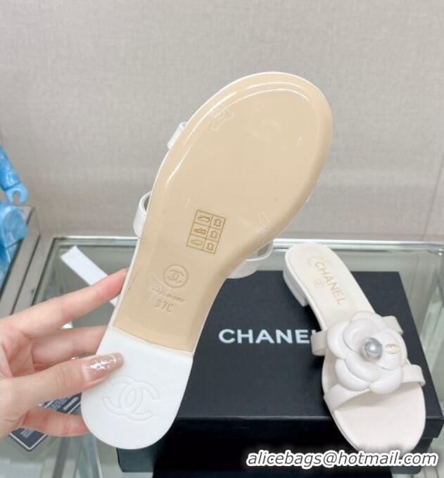 Purchase Chanel Camellia Lambskin Flat Slide Sandals White 619129