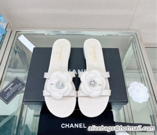 Purchase Chanel Camellia Lambskin Flat Slide Sandals White 619129