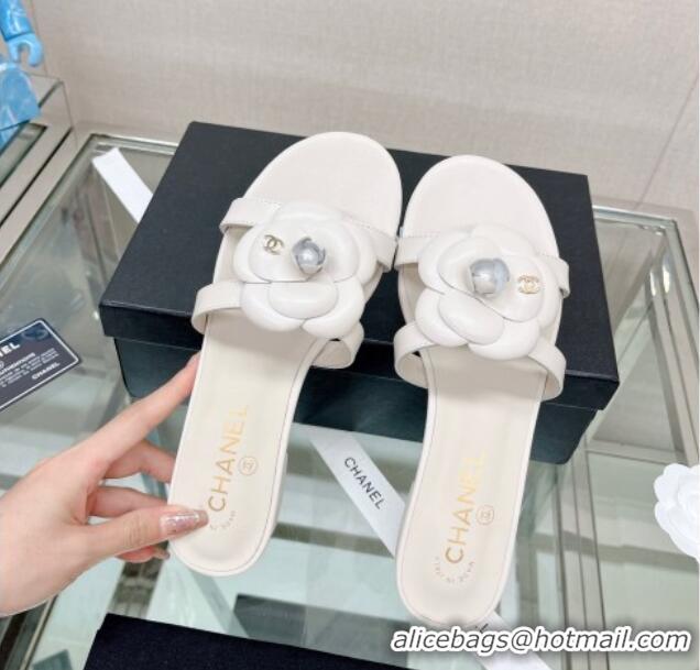 Purchase Chanel Camellia Lambskin Flat Slide Sandals White 619129