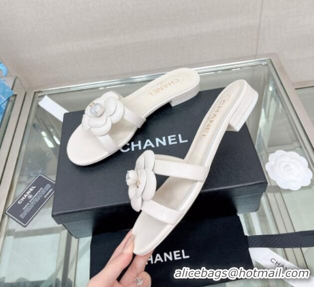 Purchase Chanel Camellia Lambskin Flat Slide Sandals White 619129