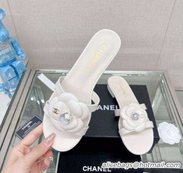 Purchase Chanel Camellia Lambskin Flat Slide Sandals White 619129