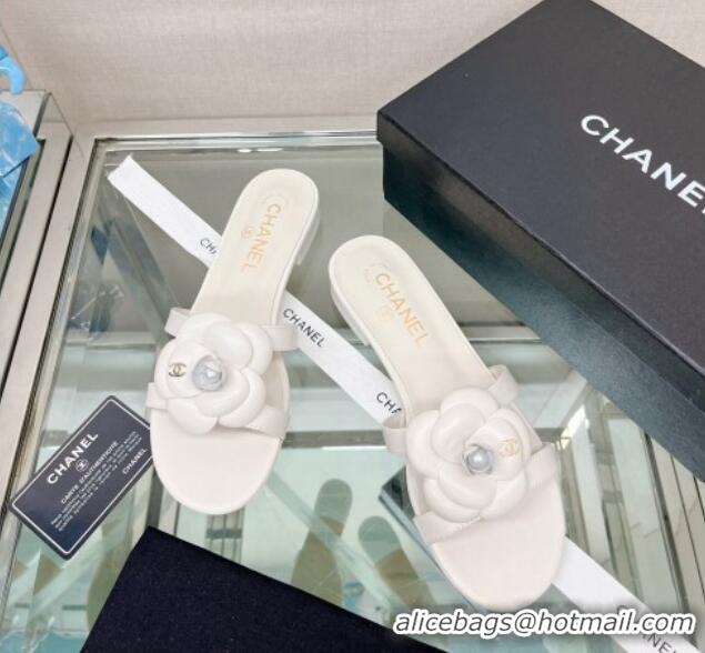 Purchase Chanel Camellia Lambskin Flat Slide Sandals White 619129