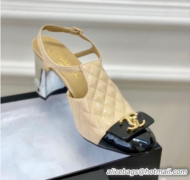 Good Quality Chanel Patent Calfskin Pumps with Bow 8cm Beige 619130