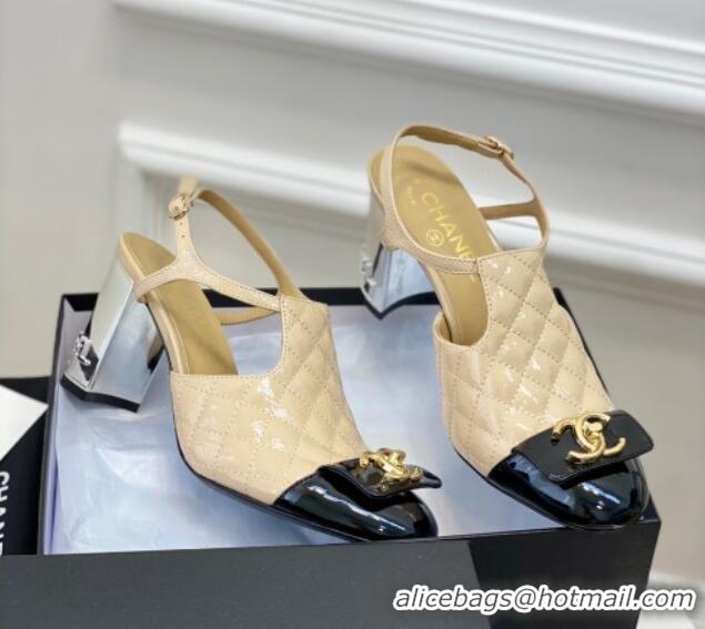 Good Quality Chanel Patent Calfskin Pumps with Bow 8cm Beige 619130