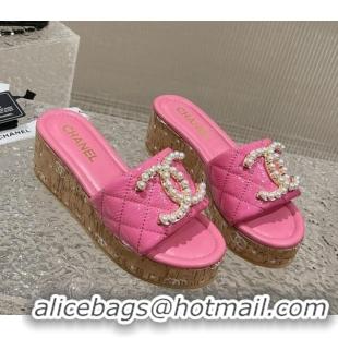 Classic Hot Chanel Patent Calfskin Wedge Slide Sandals with Pearl CC Pink 619143