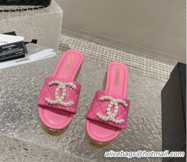 Classic Hot Chanel Patent Calfskin Wedge Slide Sandals with Pearl CC Pink 619143