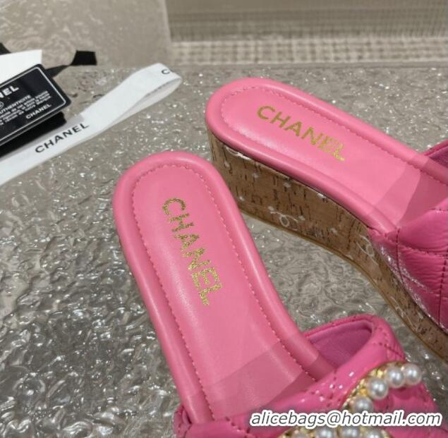 Classic Hot Chanel Patent Calfskin Wedge Slide Sandals with Pearl CC Pink 619143