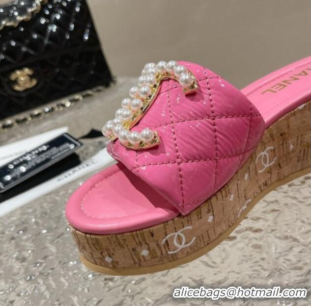 Classic Hot Chanel Patent Calfskin Wedge Slide Sandals with Pearl CC Pink 619143