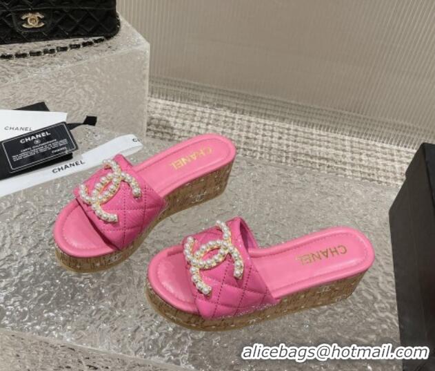 Classic Hot Chanel Patent Calfskin Wedge Slide Sandals with Pearl CC Pink 619143