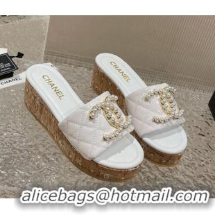 Hot Style Chanel Patent Calfskin Wedge Slide Sandals with Pearl CC White 619144