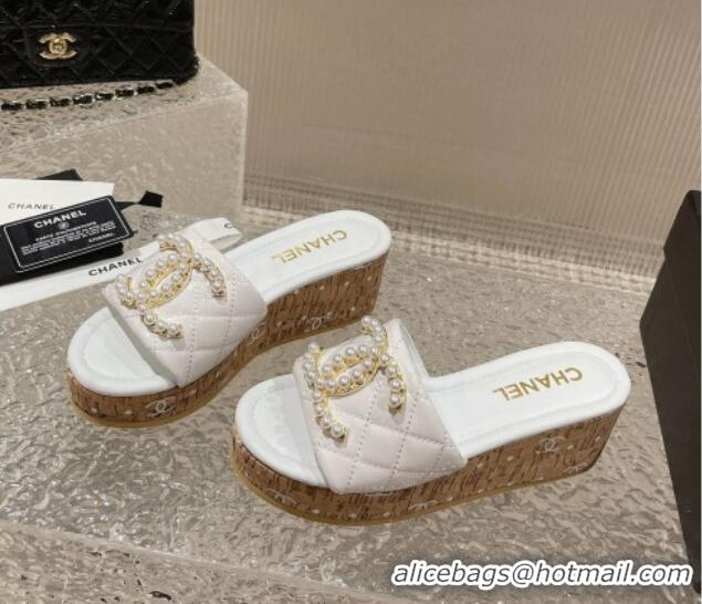 Hot Style Chanel Patent Calfskin Wedge Slide Sandals with Pearl CC White 619144