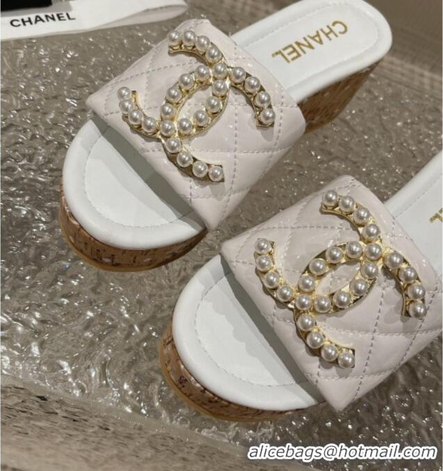 Hot Style Chanel Patent Calfskin Wedge Slide Sandals with Pearl CC White 619144