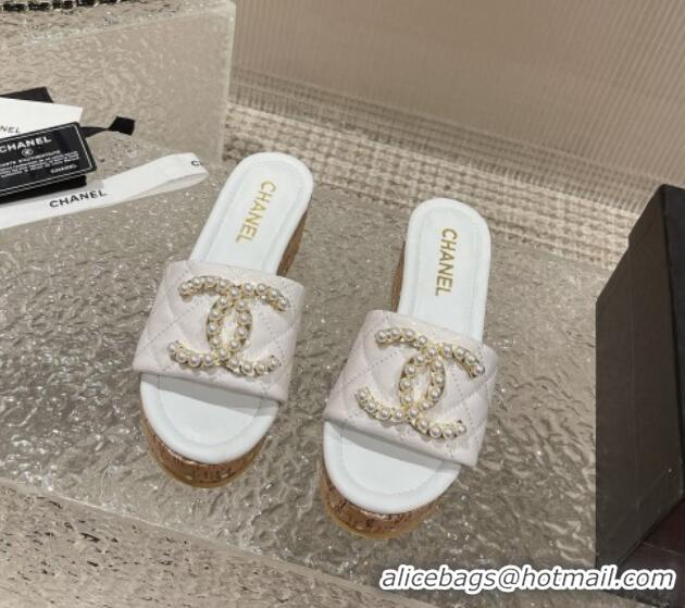 Hot Style Chanel Patent Calfskin Wedge Slide Sandals with Pearl CC White 619144