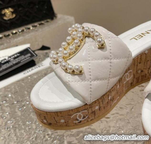 Hot Style Chanel Patent Calfskin Wedge Slide Sandals with Pearl CC White 619144