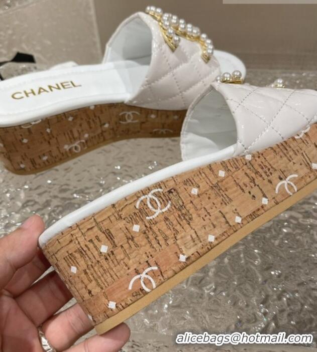 Hot Style Chanel Patent Calfskin Wedge Slide Sandals with Pearl CC White 619144