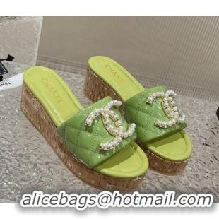 Best Grade Chanel Patent Calfskin Wedge Slide Sandals with Pearl CC Green 619145