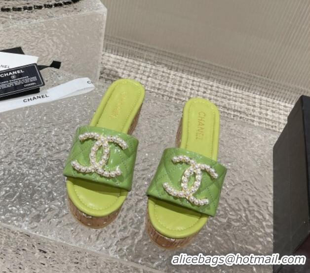 Best Grade Chanel Patent Calfskin Wedge Slide Sandals with Pearl CC Green 619145