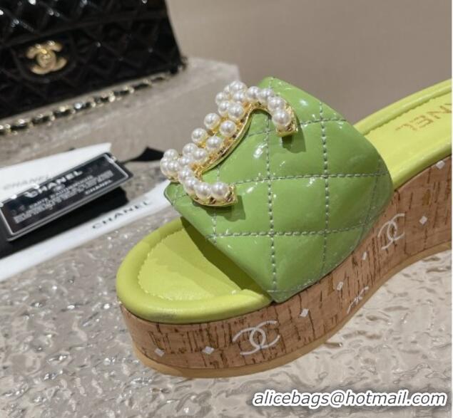 Best Grade Chanel Patent Calfskin Wedge Slide Sandals with Pearl CC Green 619145