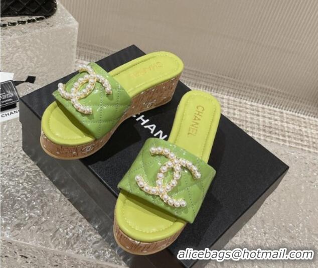 Best Grade Chanel Patent Calfskin Wedge Slide Sandals with Pearl CC Green 619145