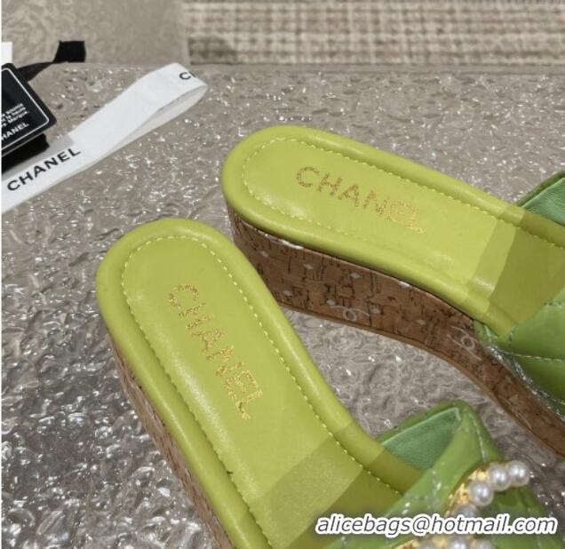 Best Grade Chanel Patent Calfskin Wedge Slide Sandals with Pearl CC Green 619145