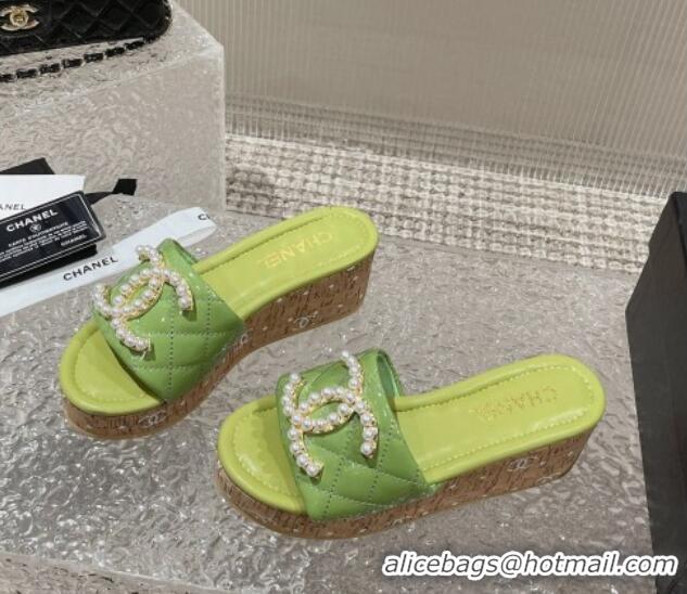 Best Grade Chanel Patent Calfskin Wedge Slide Sandals with Pearl CC Green 619145