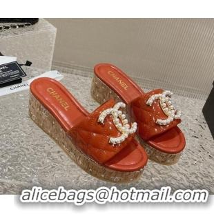 Good Product Chanel Patent Calfskin Wedge Slide Sandals with Pearl CC Orange 619147